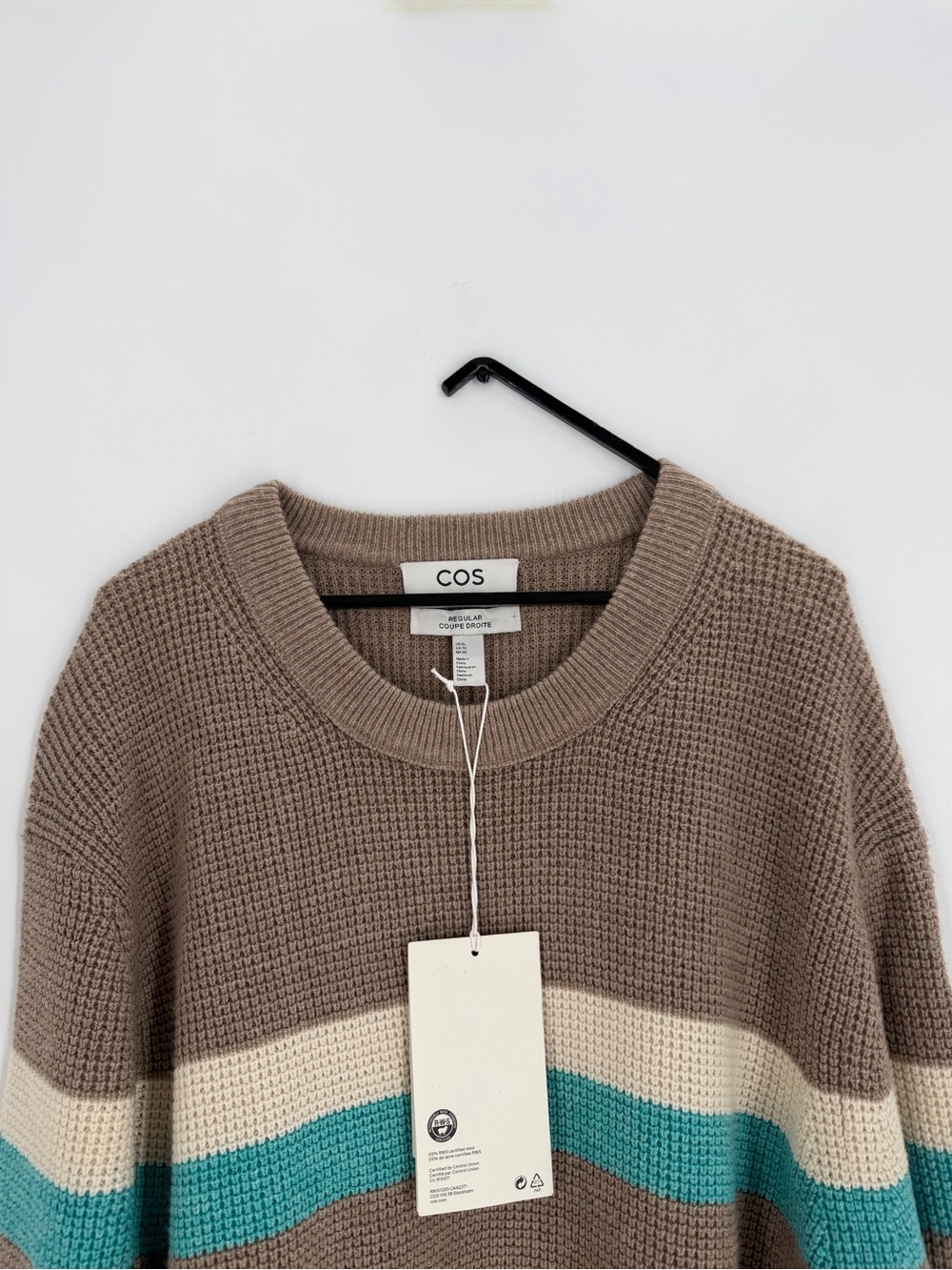 Cos Men’s Regular Fit Striped Waffle Knit Wool Blend Jumper Sweater Beige Teal